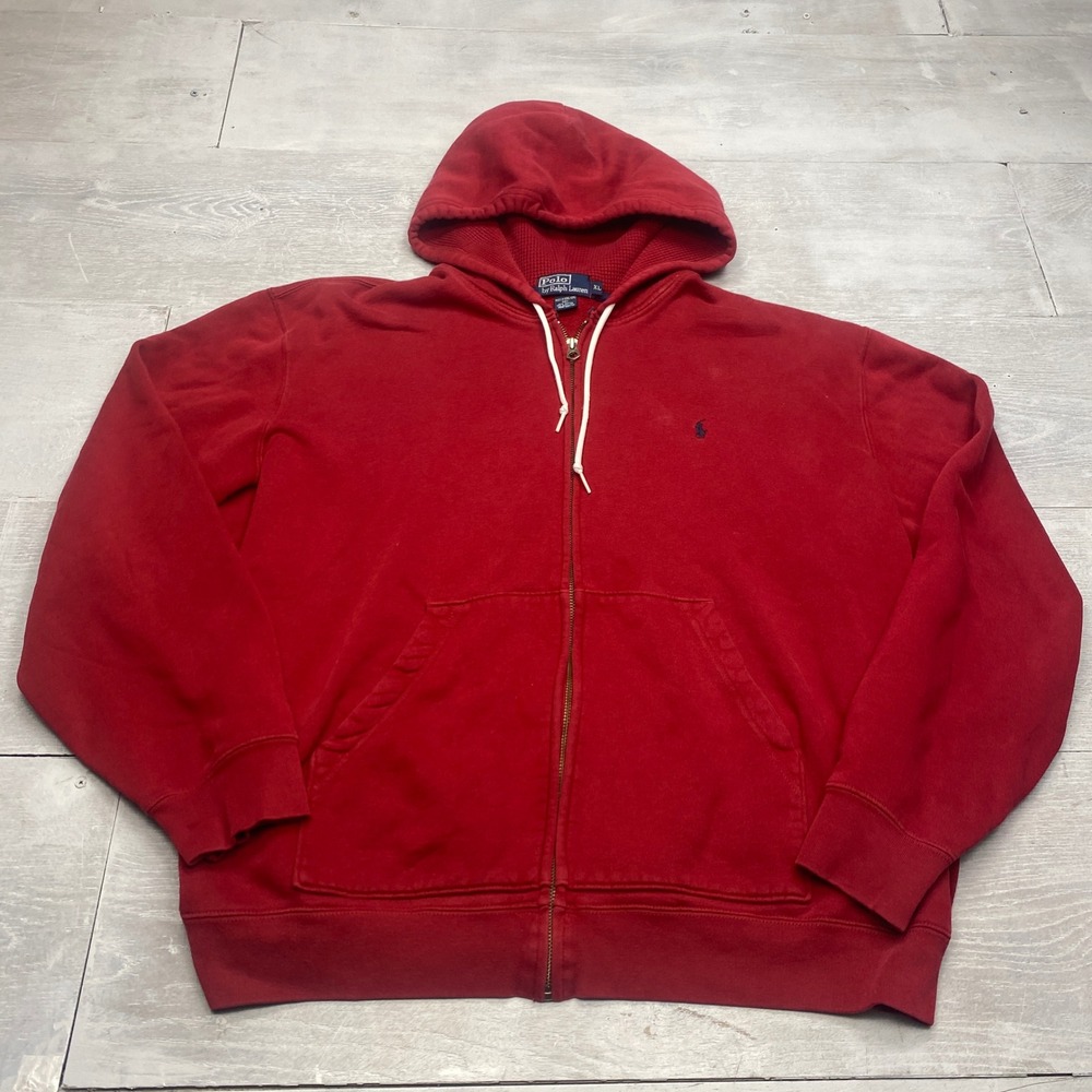 Polo Ralph Lauren Full Zip Hoodie Mens XL Red Fleece Waffle Lined Sweatshirt VTG